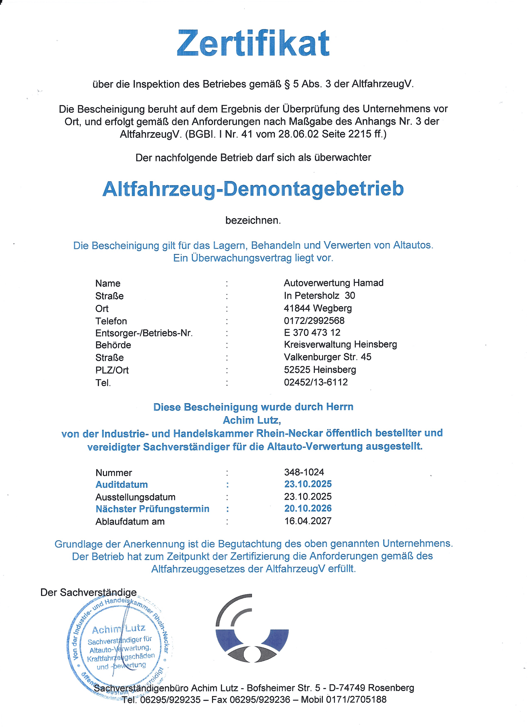 Zertifikat §5 AltfahrzeugV – Autoverwertung Hamad